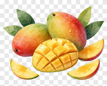 Fresh Mangoes With Slices And Leaves PNG