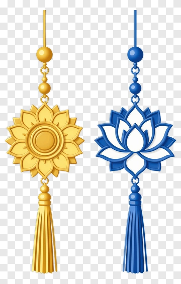 Golden And Blue Decorative Tassels With Floral Designs PNG