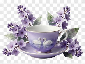 Purple Tea Cup With Swan Design And Flowers PNG