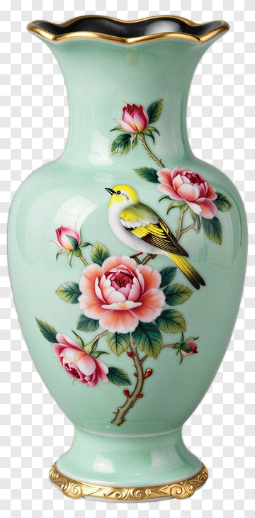 Decorative Vase With Floral Design And Bird PNG