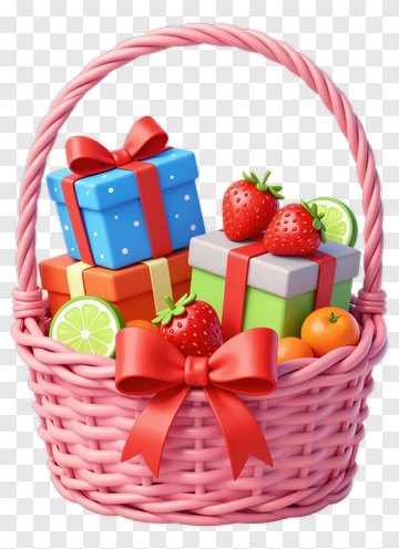 Colorful Gift Basket With Fruits And Presents PNG