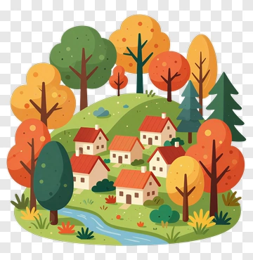 Colorful Autumn Landscape With Houses And Trees PNG
