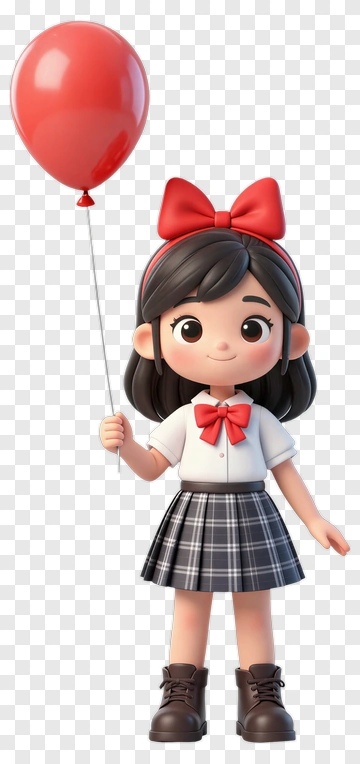 Cartoon Girl Holding A Red Balloon PNG