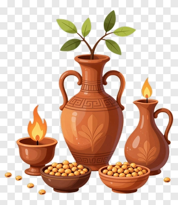 Decorative Pottery With Plants And Candles PNG