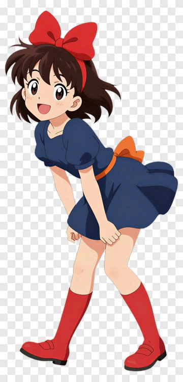 Girl In Blue Dress With Red Bow PNG