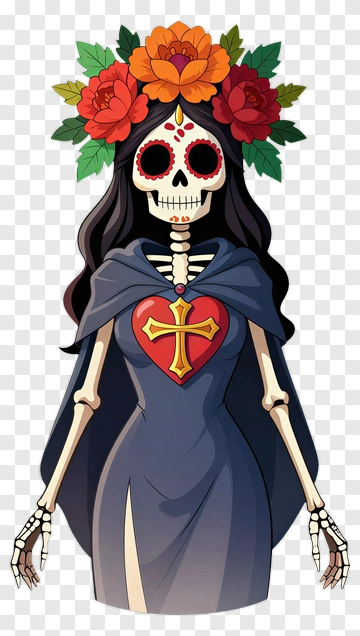 Cartoon Skeleton Woman With Floral Headpiece PNG