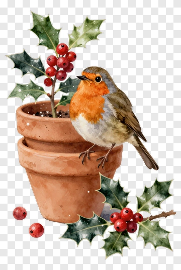 Robin Bird Sitting On A Flower Pot With Holly Berries PNG