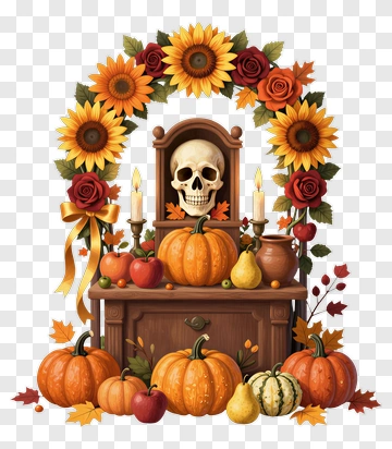 Halloween Decor With Skull And Pumpkins PNG