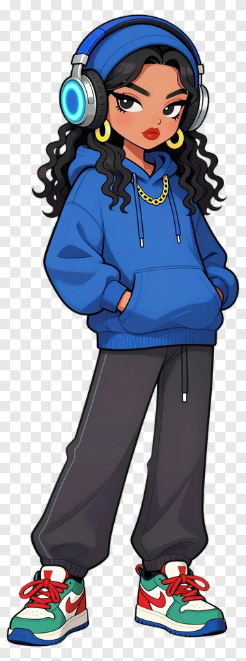 Cartoon Girl Wearing Headphones And Hoodie PNG