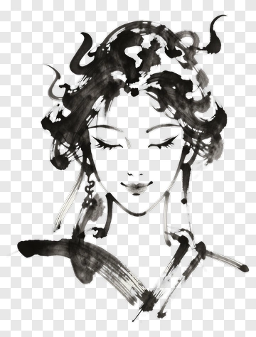 Elegant Asian Woman Portrait In Ink Style PNG