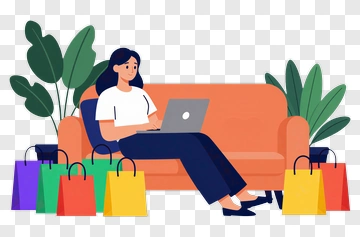 Woman Using Laptop On Couch With Shopping Bags PNG