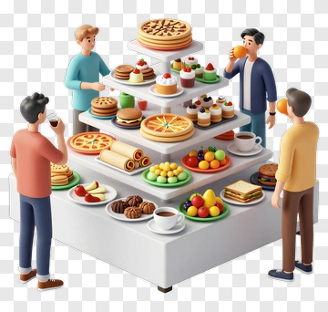 Group Of Friends Enjoying A Buffet Table PNG