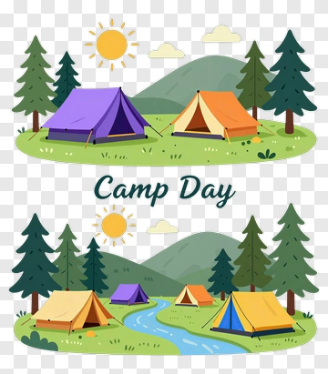 Camp Day With Colorful Tents In A Scenic Landscape PNG