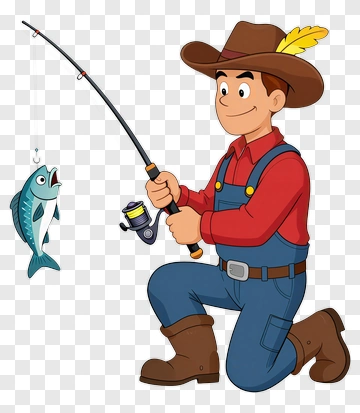 Cartoon Fisherman Catching A Fish PNG