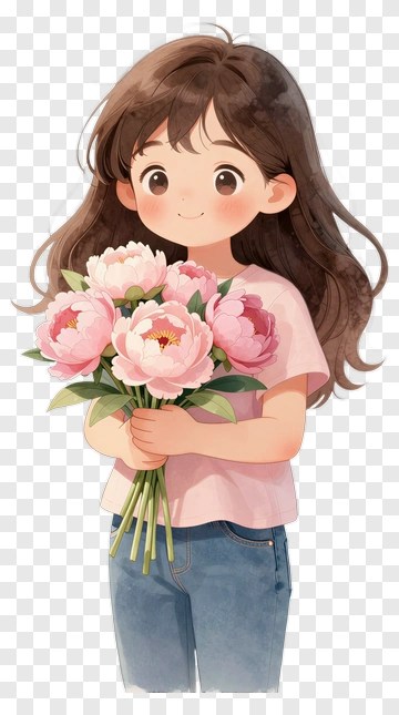 Girl Holding A Bouquet Of Pink Peonies PNG
