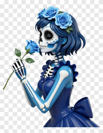 Skeleton Woman Holding A Blue Rose PNG