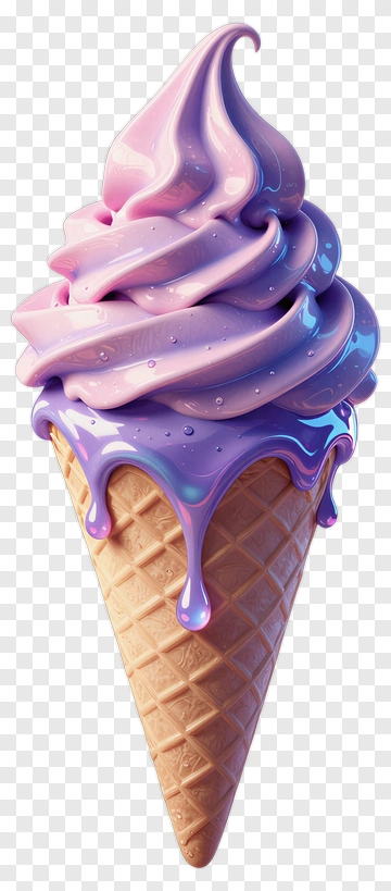 3D Ice Cream Cone With Swirled Purple Topping PNG