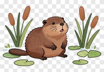Cartoon Beaver Sitting Among Water Lilies PNG