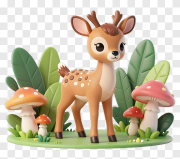 Cartoon Deer Among Colorful Mushrooms PNG