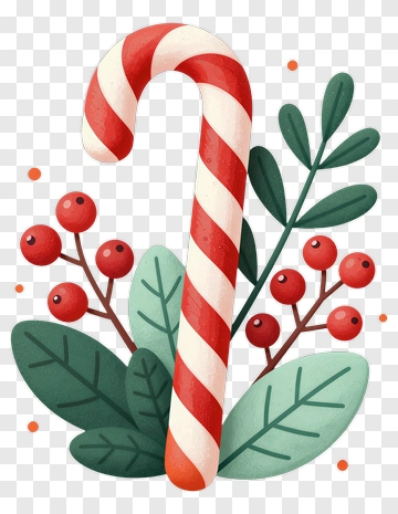 Candy Cane Surrounded By Greenery And Berries PNG