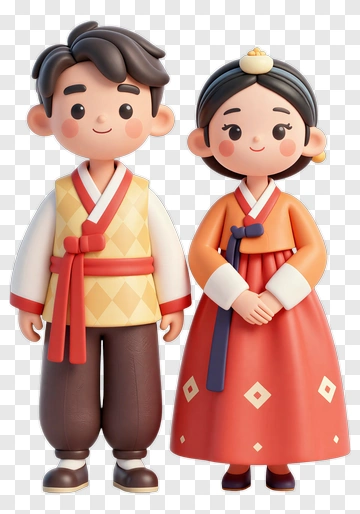 3D Cartoon Couple In Traditional Hanbok Attire PNG