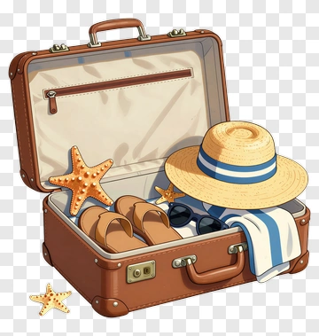 Travel Suitcase With Summer Accessories PNG