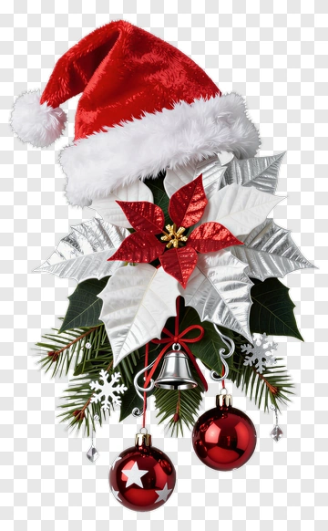 Christmas Poinsettia With Santa Hat And Ornaments PNG