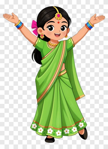 Cartoon Girl In Green Saree With Open Arms PNG