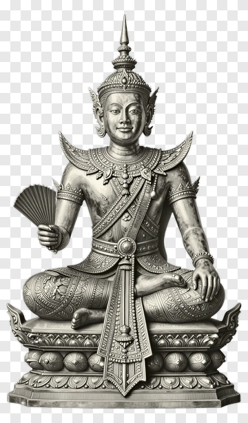 Sitting Silver Buddha Holding A Fan PNG