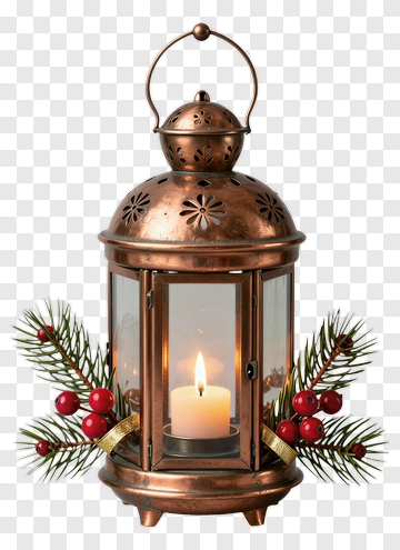 Decorative Lantern With Candle And Pine Branches PNG