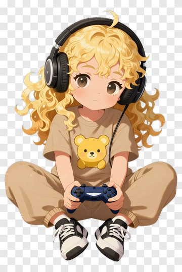 Anime Girl Playing Video Game With Headphones PNG