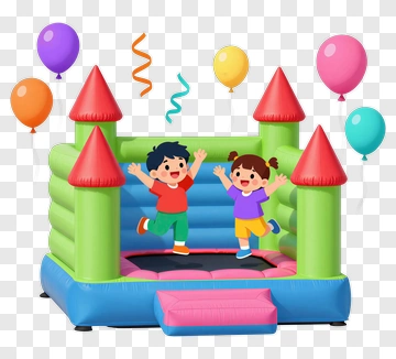 Happy Children Jumping In A Colorful Bouncy Castle PNG