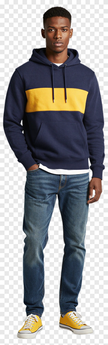 Man Wearing A Navy And Yellow Hoodie PNG