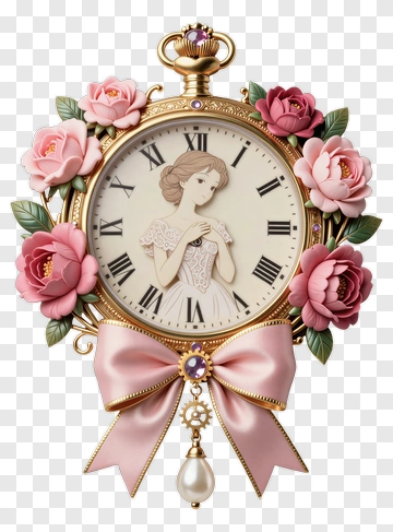 Vintage Clock With Floral Design And Elegant Woman PNG