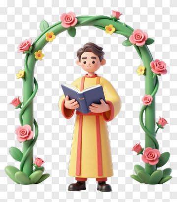 3D Young Man Reading A Book Under A Floral Arch PNG