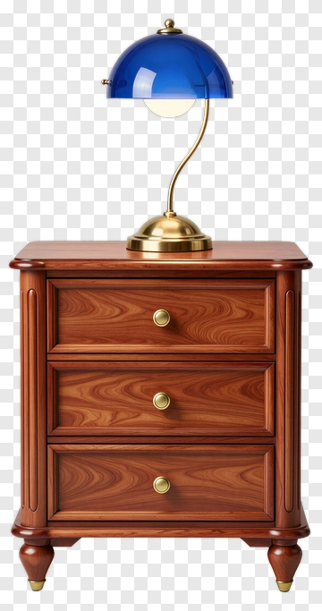 Wooden Nightstand With Blue Lamp PNG