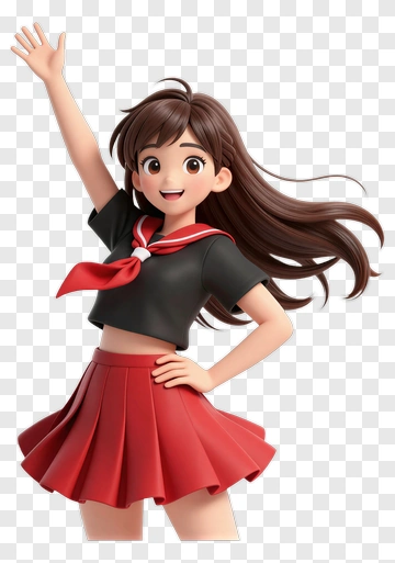 Cartoon Girl Waving In A Red Skirt PNG