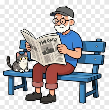 Elderly Man Reading A Newspaper With A Cat PNG