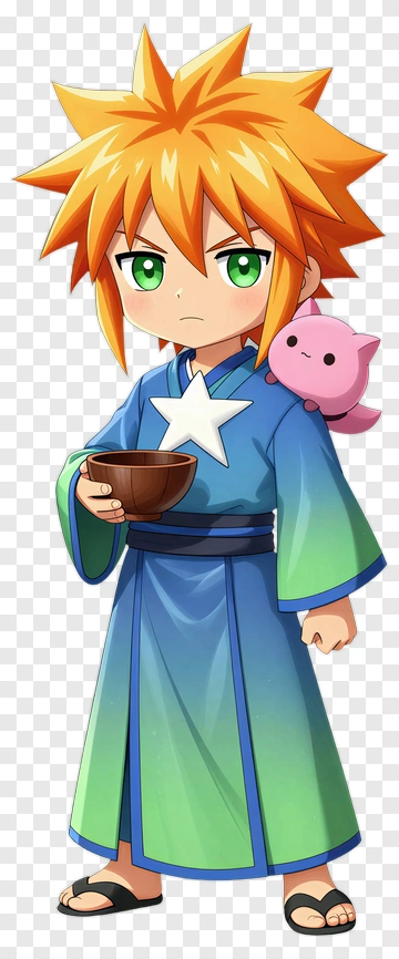 Chibi Character Holding A Bowl With A Cat Companion PNG
