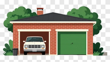 House Garage With Car And Green Door PNG