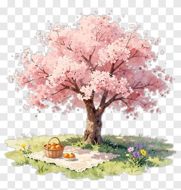 Cherry Blossom Tree With Picnic Basket PNG