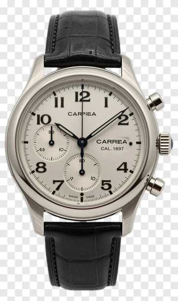 Silver Chronograph Watch With Black Leather Strap PNG