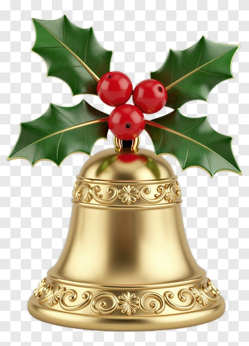 Golden Bell With Holly And Berries PNG