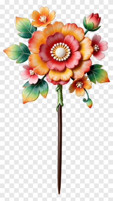 Colorful Floral Hairpin With Flowers And Leaves PNG