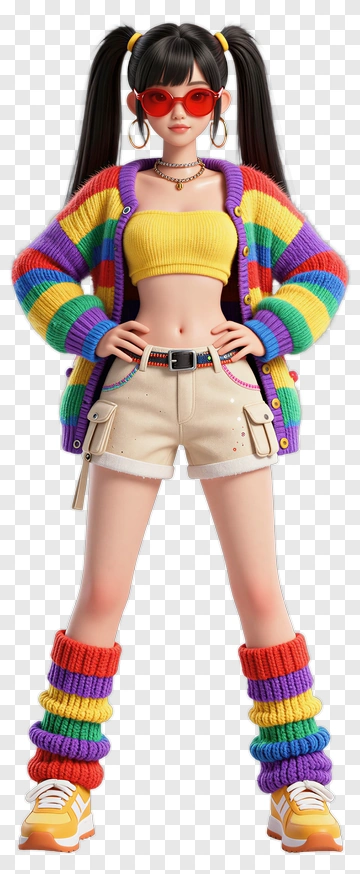 Colorful Cartoon Girl In Rainbow Sweater And Shorts PNG