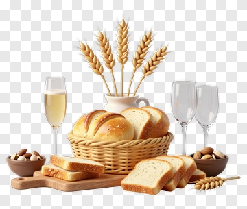 Basket Of Bread With Wine Glasses And Wheat PNG