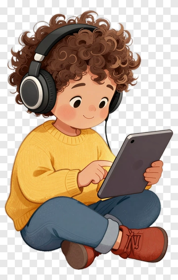 Cartoon Child Using A Tablet With Headphones PNG