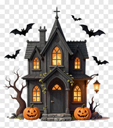 Halloween Haunted House With Pumpkins And Bats PNG