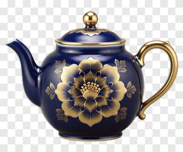Blue Floral Teapot With Gold Accents PNG