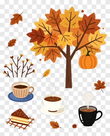 Autumn Tree With Coffee And Pumpkin PNG
